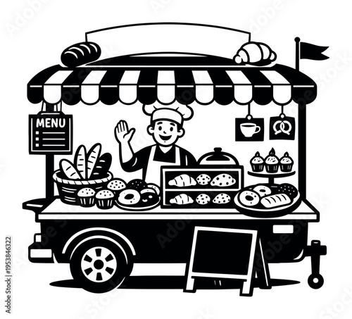 Happy street vendor standing behind a mobile bakery stall, offering a variety of fresh and hot pastry products and bread loaves