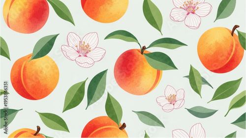 Vibrant illustration of peaches, flowers, and leaves scattered across a surface