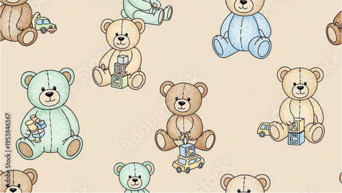 Teddy bears are sitting and playing with toys on a beige background