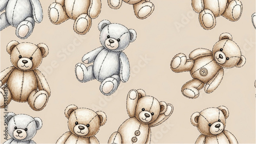 A group of teddy bears sitting on a beige surface looking cute.