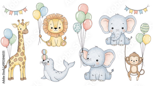 A colorful illustration of animals, including a giraffe, lion, seal, elephant, monkey, and another elephant, holding balloons and hanging from a banner.