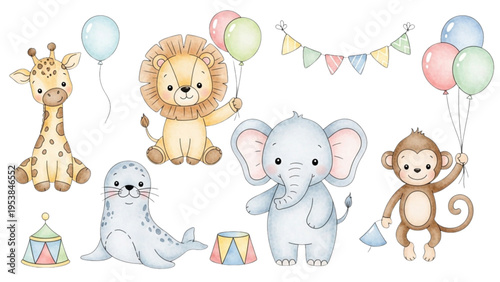A colorful illustration of a giraffe, lion, seal, elephant, and monkey playing with balloons and blocks at a party.