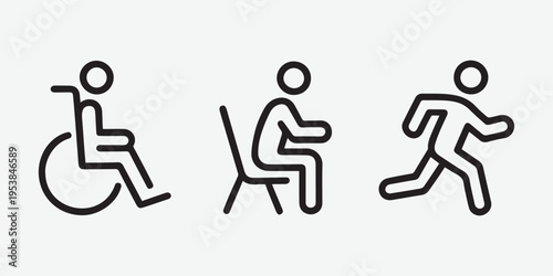 Accessibility and Human Activity Line Icons Wheelchair Sitting Running Outline Vector Set