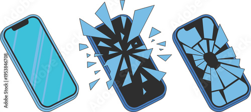 Broken smartphone screen illustration, cracked mobile display, device damage concept, phone repair service, shattered glass effect, modern flat vector design collection