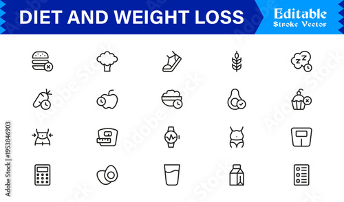 Diet and Weight Loss Essentials – Professional Line Icon Set Featuring Minimal, Modern, and Pixel-Perfect Designs for Health and Wellness Themes