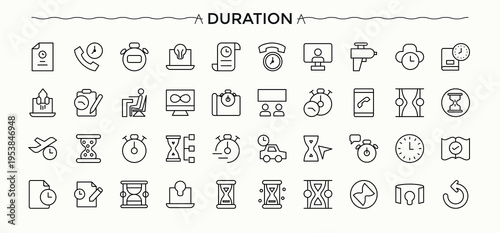 Duration icon set. Contain linear symbols countdown, hourglass, hour, clock, sandglass and more. Day icon set. Icons for website. Editable vector art and illustration.