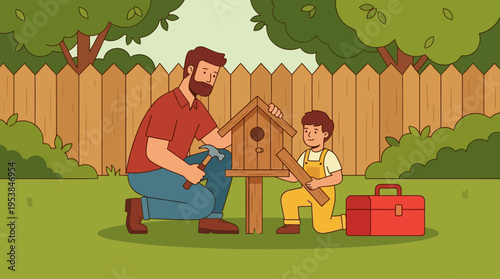 Father and son building birdhouse outdoors in backyard