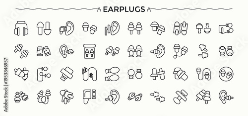 Earplugs icons set outline vector. Anti care device. Ear plug protection. Outline icon collection. Editable stroke.
