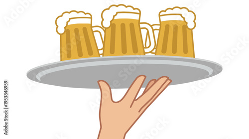 Hand Carrying Tray of Beer Mugs in Foam Foam Bier Mugs