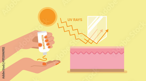 Hand Holding Sun Protection Cream with Skin and Solar Radiation Illustration