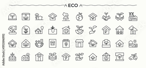 Eco Life icon pack. House simple line vector icons. Outline symbol collection. Tree icon set. Editable vector illustration.