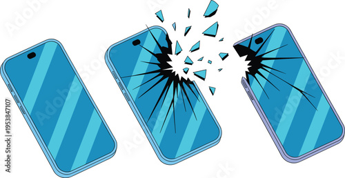 Broken smartphone impact illustration, cracked mobile screen hit effect, device damage concept, phone repair service, shattered glass animation, modern flat vector designSmartphone cracked