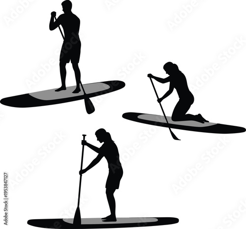 speed boat Stand up paddle boarding silhouettes, SUP water sport people, paddleboard activity, ocean adventure, outdoor recreation, summer beach sport, fitness lifestyle, vector illustration set