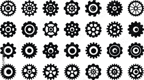 Gear icon set collection, cogwheel symbols, mechanical engineering elements, settings icon pack, industrial technology design, machine parts illustration, modern flat vector style