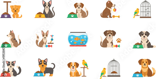 Pet Care and Animal Accessories Vector Illustration Set with Dogs, Cats, Bird Cage, Aquarium, Food Bowls, Toys, and Domestic Pet Collection