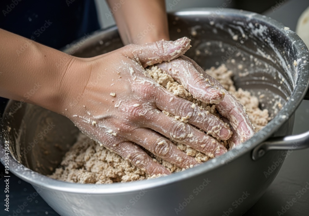 Fototapeta premium Hands covered in dough mixing in a large metal bowl for baking