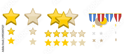 A collection of gold stars and medals on a white background