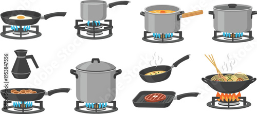 Cooking on Gas Stove Vector Illustration Set with Frying Pan, Pots, Kettle, Boiling Food, Grilling Meat, and Kitchen Cooking Process Collection