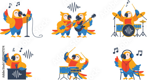 Cartoon Parrot Music Band Vector Illustration Set with Singing Birds, Guitar, Drums, Headphones, Microphone, and Fun Musical Performance Collection