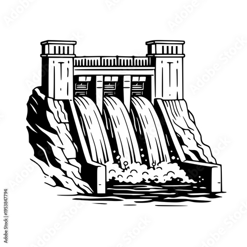 Black and White Hydroelectric Dam Illustration with Powerful Water Flow