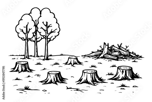 Stark Line Drawing Illustrating Deforestation with Multiple Tree Stumps and Log Pile