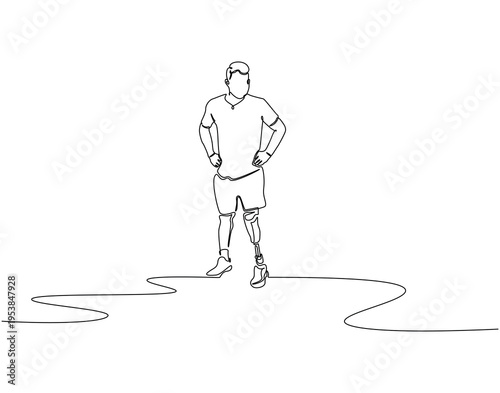 Continuous one line drawing of man with prosthetic leg. One line drawing illustration of man use prosthetic leg. Assistive Technology under a health concept single line. Editable outline