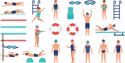 Swimming Pool Activity Vector Illustration Set with Swimmers, Diving, Lanes, Lifebuoys, Goggles, and Water Sport Training Elements Collection
