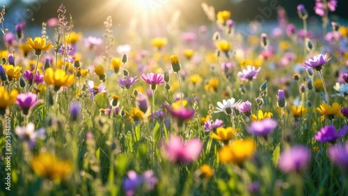 Sunlit meadow of wildflowers with golden light and soft bokeh
