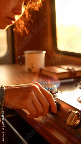 Woman lights gas stove inside camper van during vanlife road trip. Young traveler turns knob on stove to cook breakfast. Blue flame burns on camper stove as woman enjoys cozy vanlife morning.