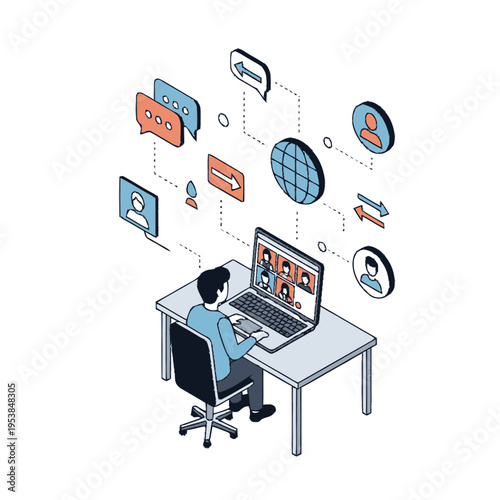 Man working remotely on laptop with video conference call.