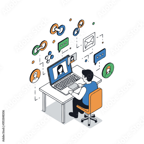 Man working remotely on laptop computer at desk.