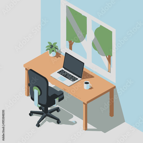 Minimalist Home Office Setup with Laptop and Chair.