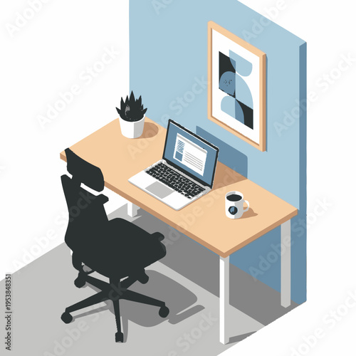 Modern Office Desk Setup with Laptop and Chair.