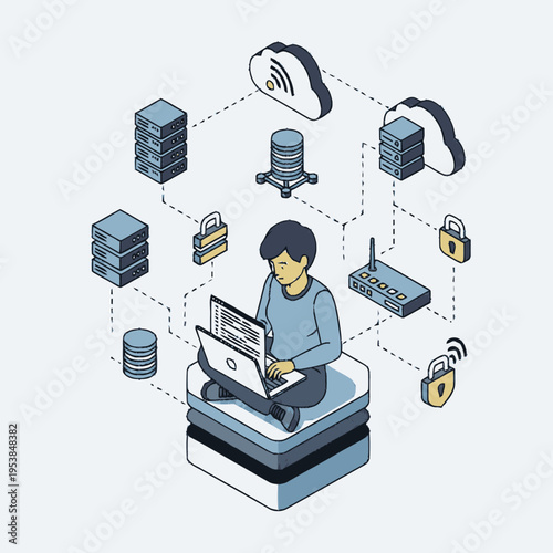 Person working on laptop connected to cloud network.