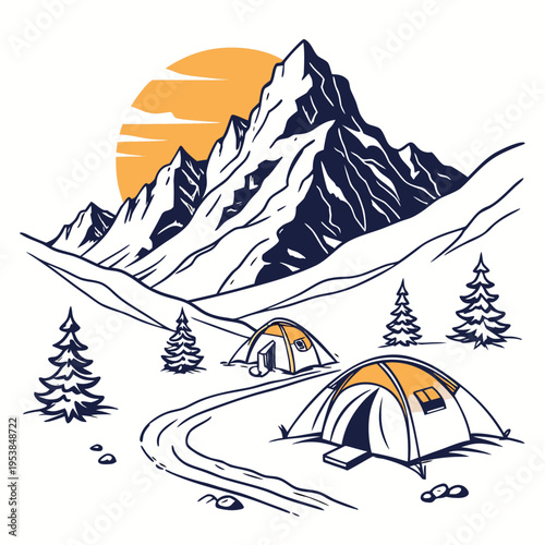 Mountain Landscape with Tents winter outdoors adventure
