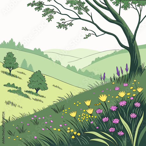 Tree and flowers on a green hillside landscape nature