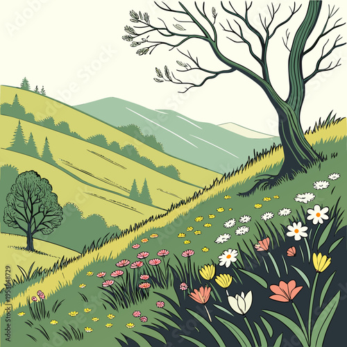 Bare tree on a hillside with wildflowers landscape