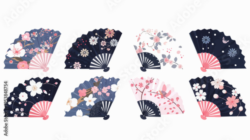 Eight decorative folding fans, featuring cherry blossom designs on dark backgrounds