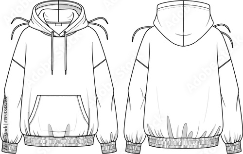 Oversized pullover hoodie technical fashion illustration front and back views detailed apparel design template modern streetwear vector clothing