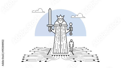 King standing on circuit board holding sword and scepter with smaller person