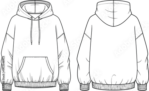 Classic pullover hoodie sweatshirt technical fashion illustration front and back views detailed apparel design template clean vector clothing