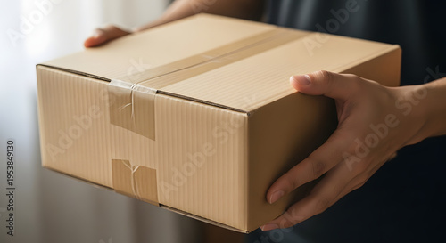 Close-up shot of human hands carefully holding a brown cardboard delivery box, symbolizing efficient package shipping, online shopping, and reliable logistics services