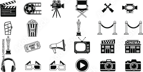 Cinema and film production icons collection vector illustration movie theater equipment symbols entertainment media set isolated black design elements
