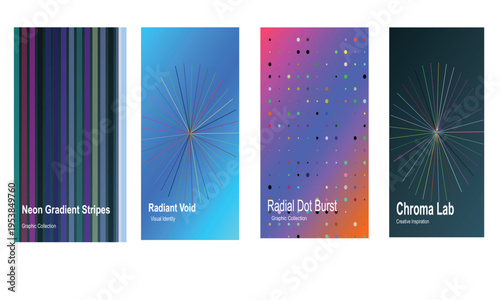 Four distinct abstract digital art designs featuring vertical stripes, radiant lines, and scattered dots are displayed as modern poster mockups.