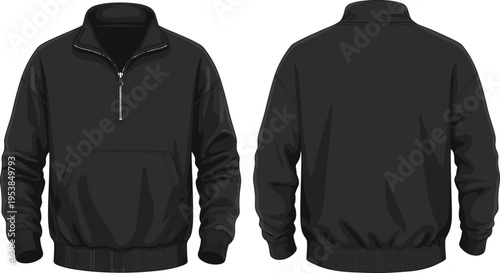 Black quarter zip pullover sweatshirt technical fashion illustration front and back views detailed apparel design template realistic vector clothing