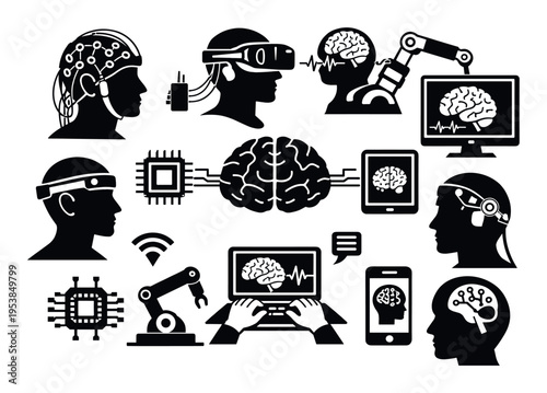 Black silhouettes illustrating brain computer interface BCI systems, linking human brains with technology, AI, and robotics