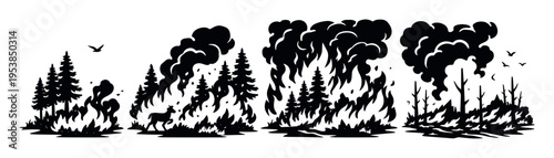 Wildfire progressing in a forest setting with a deer fleeing from flames, heavy smoke, and charred trees. Ecosystem destruction