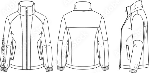 Women’s sporty zip-up jacket technical fashion illustration front back and side views detailed apparel design template vector outline drawing