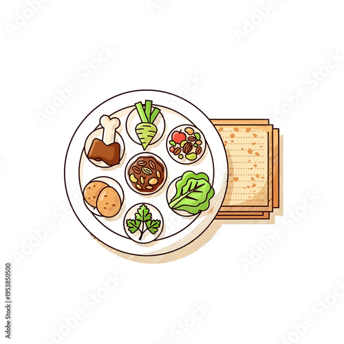 A traditional Passover Seder plate with symbolic foods and matzah, representing the Jewish holiday.