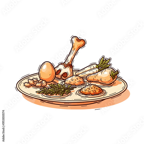 Traditional Jewish Seder plate with symbolic foods like shank bone, egg, bitter herbs, charoset, and vegetables, illustration.